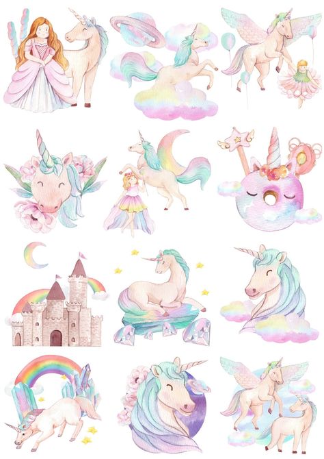 Athestic Stickers, Unicorn Stickers Printable Free, Unicorn Stickers Printable, Unicorn Party Favours, Unicorn Art Drawing, Watercolour Unicorn, Puppy Stickers, Happy Birthday Bear, Unicorn Craft