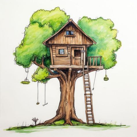 Tree House Reference, House Tree Drawing, How To Draw A Treehouse, Tree Drawing Colored Pencil, Forest House Drawing, Tree House Designs For Kids, Treehouse Sketch, Tree House Sketch, Treehouse Painting