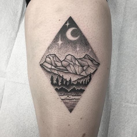 Geometric Diamond w/ Mountain Scene inside Black and Grey Tattoo - Chris Benson Three Sisters Mountain Tattoo, Space Dotwork, Grey Sleeve Tattoo, Yosemite Tattoo, Three Sister Tattoos, Tattoos Stomach, Three Sisters Mountain, Watercolor Mountains Tattoo, Berg Tattoo