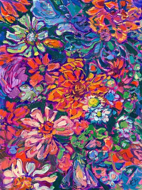 This petite oil painting captures the vibrant hues of a summer bouquet of flowers. Thickly applied brush strokes of oil capture the glimmering colors of the petals. Erin Hanson, Artwork Inspiration, Vibes Art, Summer Bouquet, Creative Painting, Bouquet Of Flowers, Painting Art Projects, Awesome Art, Palette Knife