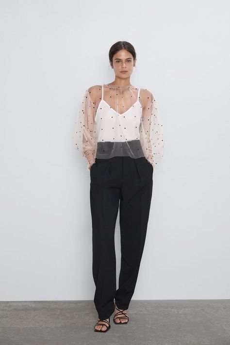 Zara Semi-Sheer Polka Dot Blouse Sheer Polka Dot Top, White Sheer Top, Outfit Plan, Pretty Top, Polka Dot Blouse, Tops Fall, Sheer Sleeves, Dot Tops, White Tops