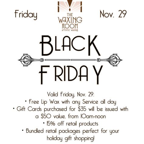 2014 Black Friday Specials at The Waxing Room! Black Friday Spa Specials, Vintage Esthetics, Waxing Room, Lip Waxing, Spa Specials, Spa Ideas, Black Friday Specials, Makeup Studio, Social Media Business