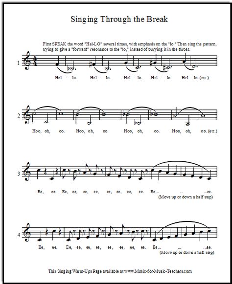 Vocal warm-up exercises for showing students how to sing through the break. These FREE singing warm-ups may be primarily an exercise in awareness at first! Vocal Warmups Singing, Singing Warm Ups, Vocal Exercises Singing, Teaching Choir, Singing Training, Vocal Warmups, Singing Quotes, Learn Singing, Singing Techniques