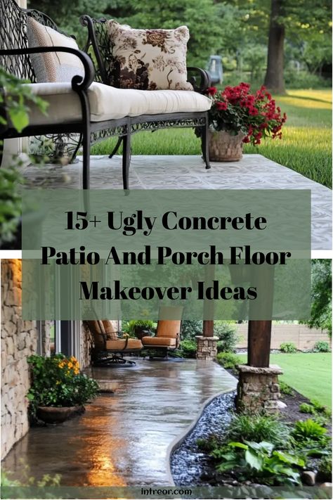 Transform your Ugly Concrete Patio and Porch Floor with these creative makeover ideas! Say goodbye to that boring and plain space and hello to a beautiful outdoor oasis. Discover easy DIY projects, budget-friendly tips, and stylish design inspiration to elevate the look of your patio or porch. Whether you want to add color, texture, or a completely new style, we've got you covered. Get ready to enjoy outdoor living in a space that's both functional and fabulous! Wood Stained Concrete Patio, Painting Outside Concrete Patio, Concrete Patio Update, Back Porch Concrete Paint Ideas, Staining Cement Patio, Concrete Porch Makeover Diy Front Steps, Covered Patio Flooring Ideas, Concrete Makeover Outdoor, Stained Patio Concrete