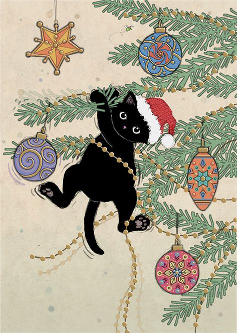 Cat Christmas Cards, Christmas Kitty, Japan Illustration, Gold Foil Cards, Bug Art, Black Cat Art, Art Birthday, Cat Cards, Christmas Drawing