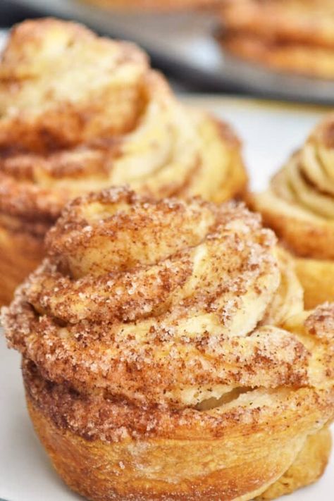 Crossaint Cinnamon Rolls, Cinnamon Cruffins Recipe, Easy Breakfast Sweets, Breakfast Breads And Muffins, Cruffins Recipe Easy, Breakfast Pastries Easy, Cruffins Recipe, Cruffin Recipe, Easy Biscuits