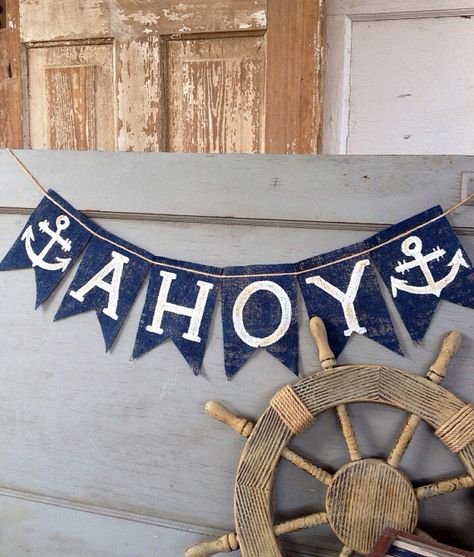 Nautical Themed Party Backdrop, Sailor Theme First Birthday Party, Baby Shower Ideas For Boys Themes, Pirate Birthday Banner, Nautical Banner, Anchor Birthday, Easter Burlap Banner, Anchor Theme, Diy Pirate