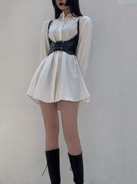 Shirt Dress With Corset Belt, Corset Over Shirt, Dress With Corset Belt, Shirt Dress With Corset, Outfit With Corset, Corset Belt Outfit, Corset Outfit, Dress With Corset, Korean Fashion Dress