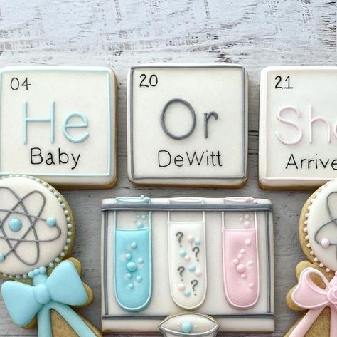 Scientist Gender Reveal, Gender Reveal Medical Theme, Science Baby Shower Ideas, Science Gender Reveal Ideas, Science Themed Gender Reveal, Chemistry Gender Reveal, Science Gender Reveal, Science Experiment Gender Reveal, Science Themed Cookies