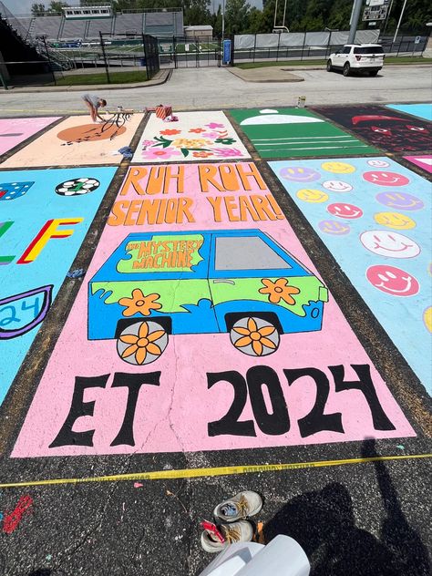 Scooby Doo Senior Parking Spot, Scooby Doo Parking Spot, Cute Parking Spot Paintings Senior, Senior Square Painting Ideas, Painted Parking Spot Ideas, Senior Parking Spaces Disney, Senior Parking Spot Ideas Funny, Unique Parking Spot Paintings, Unique Senior Parking Spot Ideas