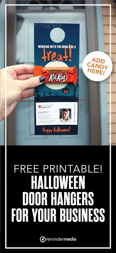 Halloween can be a great opportunity for your business to stand out in your community, especially if you hang this free printable on doors with a piece of candy attached! small business free halloween printable - halloween marketing idea - real estate marketing idea #freeprintable #halloweenprintable Realtor Candy Marketing, Halloween Popbys Real Estate, Halloween Popbys For Realtors, October Real Estate Pop Bys, Real Estate Drop By Gifts, Realtor Pop By Ideas Halloween, Realtor Halloween Marketing Ideas, Real Estate Marketing Halloween, Unique Realtor Marketing Ideas