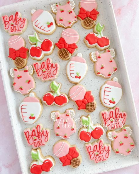 Cherries baby shower cookies 🍒🍼 Pricing? 👉🏻 https://msha.ke/alecreations918 • • • • #alecreations918 #tulsasmallbuisness #tulsaoklahoma #decoratedsugarcookies #customcookies #cookie #cookies #decoratedcookies #inspirationcookies #cookiesofinstagram #desserts #dessertideas #dessertideas #partyideas #party #sugarcookies #royalicing #royalicingcookies #cookies #cookiesideas #royalicingideas #cherriescookies #cherriescookery #cherriesbabyshower #cherriesbaby #cherriesparty #cherriesdessert #cherr... Cherry Baby Shower Cookies, She’s The Cherry On Top Baby Shower Theme, Cherry On Top Baby Shower Ideas, Baby Shower Cherry Theme, Berry Sweet Baby Shower Theme Treats, Baby Shower Themes Strawberry, Our Little Cherry On Top, Our Cherry On Top Baby Shower Theme, Cherry Theme Baby Shower Ideas