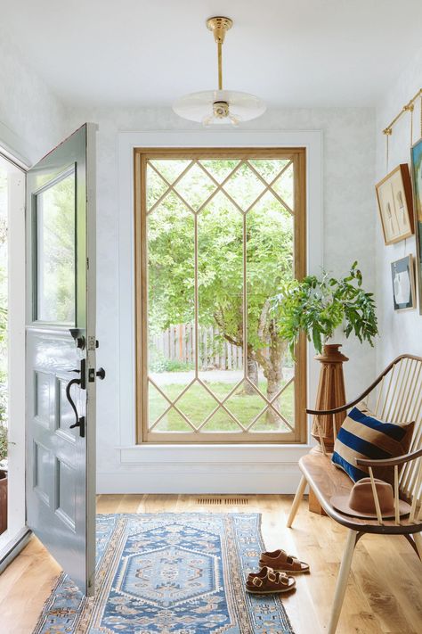 The Love List (Week 428) - Rambling Renovators White Oak Wood Floors, Interior Door Color, Eclectic Entryway, Em Henderson, Farmhouse Entry, Eclectic Homes, 1970s Decor, White Oak Hardwood Floors, Built In Cabinet