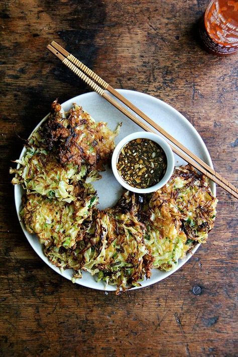 Okonomiyaki: Japanese Cabbage Pancakes | Alexandra's Kitchen Cabbage Pancakes, Japanese Cabbage, Vegetarian Cabbage, Cabbage Recipes, Asian Dishes, Food 52, Chopsticks, Dipping Sauce, Asian Recipes