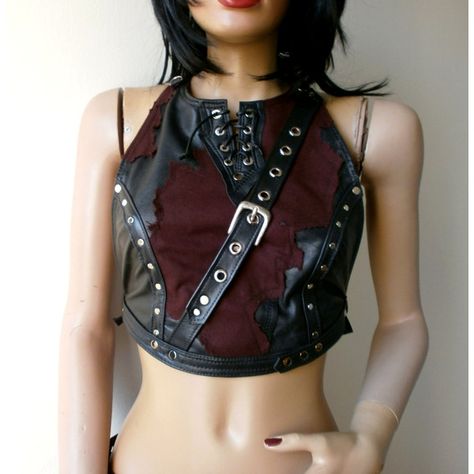 Black leather crop top / open back halter with belt, straps, studs &... ($155) ❤ liked on Polyvore featuring tops Leather Crop Top Outfit, Leather Top Outfit, Black Leather Crop Top, Fire Costume, Red Halter Top, Dance Styles, Open Back Crop Top, Alt Clothes, Leather Crop Top