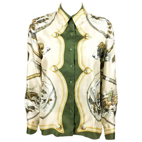 Preowned 1970s Hermes Hunting Scene Silk Blouse (£610) ❤ liked on Polyvore featuring tops, blouses, beige, print shirts, shirt blouse, hermes shirt, print blouse and white silk blouse Hermes Shirt, Vintage Blouses, Hunting Scene, White Silk Blouse, Printed Silk Shirt, Vintage Hermes, Printed Silk, White Silk, Silk Shirt