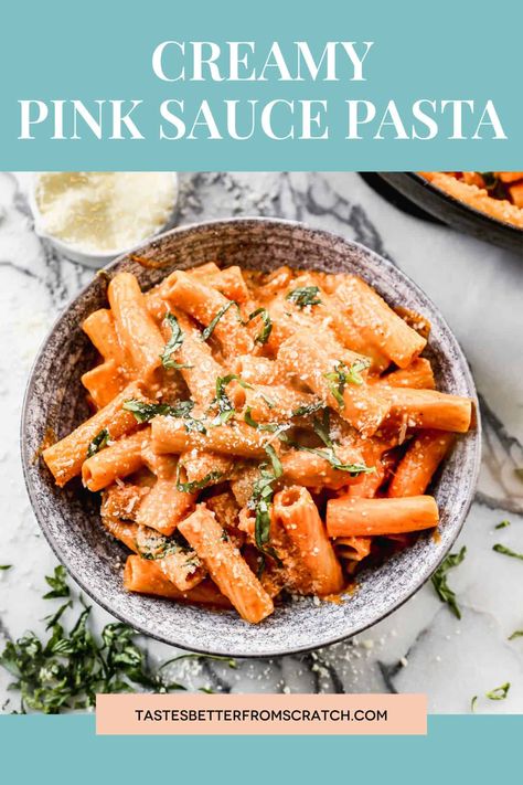 This easy Pink Sauce Pasta recipe is creamy, comforting, and full of flavor! It uses pantry ingredients and is perfect for a busy night! via @betrfromscratch Easy Pink Sauce, Pink Sauce Pasta Recipe, Rose Sauce Recipe, Pata Recipe, Spicy Pasta Sauce, Pink Sauce Pasta, Rose Pasta, Pink Sauce, Yummy Pasta