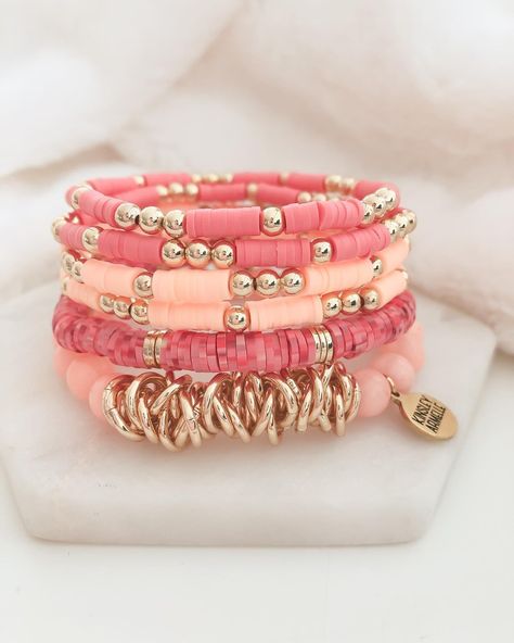 Miley Collection - Sherbet Bracelet | Kinsley Armelle® Official Beaded Stretch Bracelet Kinsley Armelle, Pink Heishi Bracelet, 2023 Bracelet Trends, Bracelet Storage Ideas, Pink Clay Bead Bracelet Ideas, Clay Beaded Bracelets, Stretch Beaded Bracelets Diy, Heishi Jewelry, Clay Bracelets