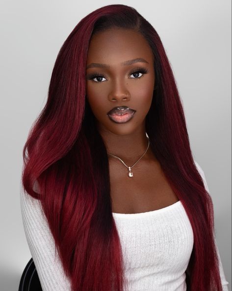 Hair Color Black Women Dark Skin, Maroon Hair Burgundy Wine Black Woman, Hair Color On Dark Skin Black Women, Regina King Red Hair, Burgundy Hair Dye On Black Women, Burgundy Hair For Black Women, Auburn Red Hair Color On Black Women, Crimson Hair Color Black Women, Black Women With Red Hair