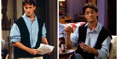 Chandler Bing Vest Outfits, Chandler Outfits, Chandler Bing Outfits, Friends Chandler, Nick And Jess, Friends Outfits, Sweater Vest Outfit, School Sweater, Lounge Sweater