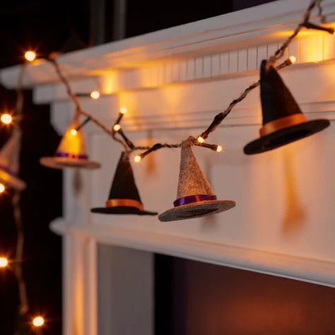 Autumn & Halloween Collection | Halloween Decorations | Lights4fun.co.uk Felt Witches Hat, Grey Hats, Felt Witch Hat, Halloween Lights Decorations, Led Fairy String Lights, Halloween Fairy, Diy Halloween Decor, Halloween Garland, Easy Halloween Crafts