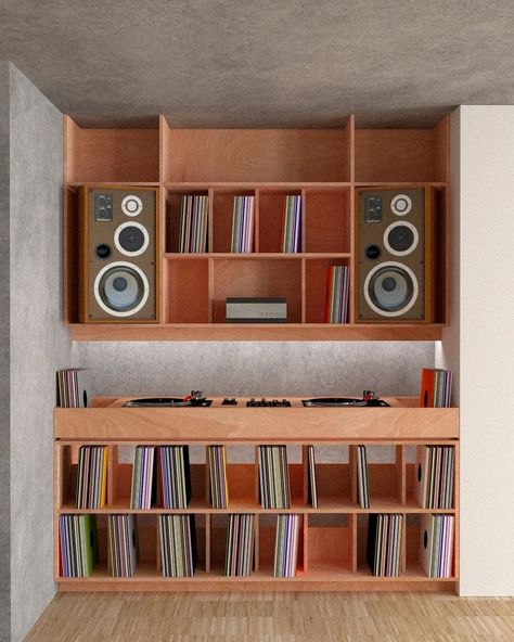 InspoHuis • Instagram Dj Setup Ideas Home, Listening Room Ideas, Vinyl Records Storage Ideas, Vinyl Organization, Hifi Setup, Speaker Stands Diy, Record Album Storage, Audio Cabinet, Dj Studio