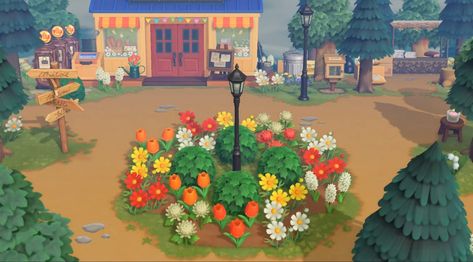 Animal Crossing Yards Ideas, Animal Crossing Flower Garden Layout, Acne Orchard Ideas, Books Cranny Ideas Acnh, Acnh Garbage Area, Acnh Simple Ideas, Central Park Animal Crossing, Acnh Town Center Ideas, Acnh Island Ideas Simple