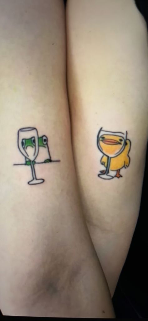 Tattoo Pairs Ideas Friends, Guy Girl Matching Tattoos, Duo Tatoos Ideas, Matching Sis Tattoos, Funny Duo Tattoo Ideas, Sibling Tattoos For Two Sisters, Coworker Matching Tattoo, Same But Different Tattoo Matching, Bff Tattoos Matching Funny