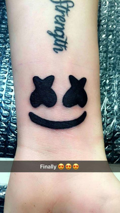 Marshmello Tattoo ♥ Marshmallow Tattoo Design, Emoji Tattoos For Men, Marshmello Tattoo, Marshmallow Tattoo, Boy Henna, Henna For Boys, Dj Tattoo, Emoji Tattoo, Marshmello Dj