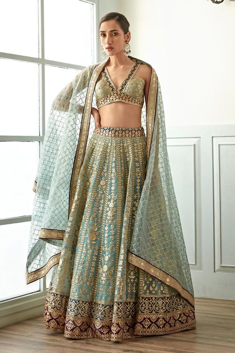 Shop for Studio Iris India Blue Organza Foil Work Morni Floral Pattern Lehenga Set for Women Online at Aza Fashions Annus Creation, Studio Iris, Kurta Lehenga, Reception Lehenga, Organza Lehenga, Blue Lehenga, Lehenga Skirt, Indian Wedding Wear, Lehenga Blouse