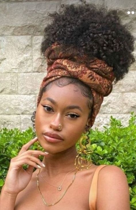 High Puff Natural Hair With Scarf, Afro Headwrap Hairstyles, High Puff With Scarf, High Puff Head Wrap, Afro Head Wrap, Puff Head Wrap, Headwrap Styles, Headwrap Hairstyles, High Puff