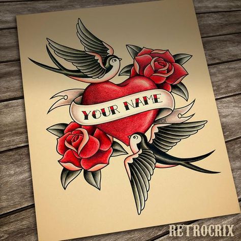 CUSTOM HEART TATTOO  Before you purchase the listing you can choose one of these options:  - High-quality Digital File for own printing (PDF) Size: 8x10 or A4 Lead time: 4-7 days  - High-quality Semi-gloss paper print (300gr) Size: 8x10 or A4 Please, read my Shop Policies and Delivery time: Swallow And Heart Tattoo, Traditional Heart Tattoo With Banner, Old School Heart Tattoo, Old School Heart, Hase Tattoos, Tato Tradisional, Neotraditional Tattoo, Art Flash, Kunst Tattoos