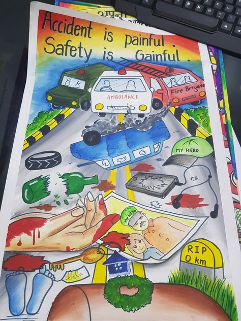 Painting On Road Safety, Mines Safety Poster Drawing, Sadak Suraksha Poster, Drawing On Road Safety, Road Safety Sketch, Road Safety Poster Drawing Competition, Road Safety Painting, Traffic Safety Drawing, Poster Making On Road Safety