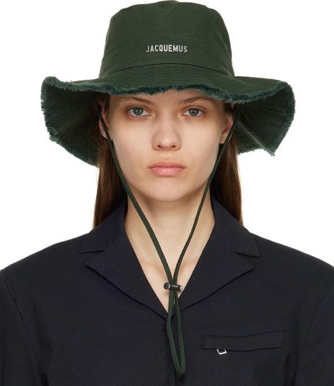 Jacquemus: Green Le Papier 'Le Bob Artichaut' Bucket Hat | SSENSE Black Bucket Hats, Bucket Hat White, Black Bucket Hat, Black Bucket, Bucket Hat Black, Green Logo, Green Hats, Woven Cotton, Green Cotton