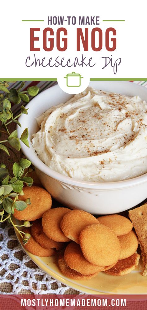 Egg Nog Cheesecake Dip - for graham crackers and vanilla wafers, or even strawberries to dip into! Cream cheese, marshmallow fluff, and eggnog combine for this simple and delicious Christmas treat…  More Cream Cheese Marshmallow Fluff, Eggnog Cheesecake Recipe, Cheesecake Dip Recipe, Eggnog Dessert, New Years Eve Dessert, Dip With Cream Cheese, Eggnog Cheesecake, Eggnog Recipes, Holiday Party Recipes