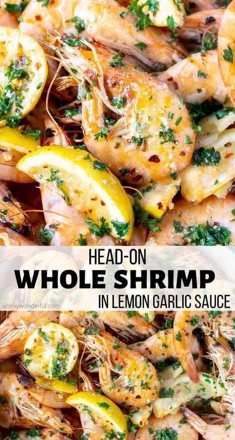 Cooking whole shrimp is quick and easy. This Head On Shrimp Recipe keeps the flavors and process simple and approachable. Whole peel and eat shrimp swimming in a buttery garlic sauce. #shrimprecipes #dinnerrecipes #wholeshrimp #peelandeatshrimp Grilled Whole Shrimp, Shrimp Prawn Recipes, Heads On Shrimp Recipes, Grilled Head On Shrimp Recipes, Shrimp In Shell Recipes, Head On Shrimp Recipes Simple, Head On Prawn Recipes, Unpeeled Shrimp Recipes, Shrimp Head On Recipes