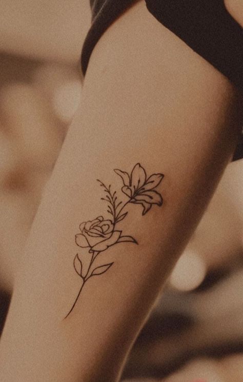 Waterlily And Rose Tattoo, Mom Daughter Flower Tattoos, Fine Line Tattoos For Moms, June Birth Flower Tattoo Rose And Honeysuckle, Honeysuckle Tattoo, Violet Flower Tattoos, Water Lily Tattoos, Maching Tattoos, Mum Tattoo