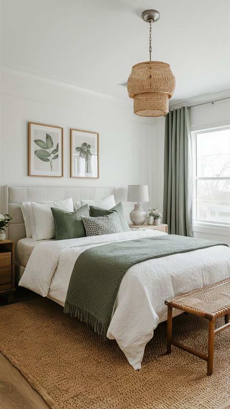 Pure White Bedroom Ideas, Sage Green Accents Bedrooms, Master Bedrooms Decor With Color, Bedroom Ideas Green And Beige, Beige Room With Green Accents, Sage Green Bedroom French Country, Green Bedroom Ideas Boho, Bedroom Ideas Greens, Sage House Interior