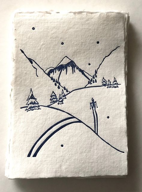 "Backcountry ski scene of mountains and skier, letterpress print vivid blue. 5\" x 7\" print on handmade paper, sent in a cello sleeve." Ski Doodle, Crossed Skis Tattoo, Ski Line Art, Ski Sketch, Skier Drawing, Ski Drawing Simple, Skier Drawing Simple, Skiing Drawing, Skiing Sketch