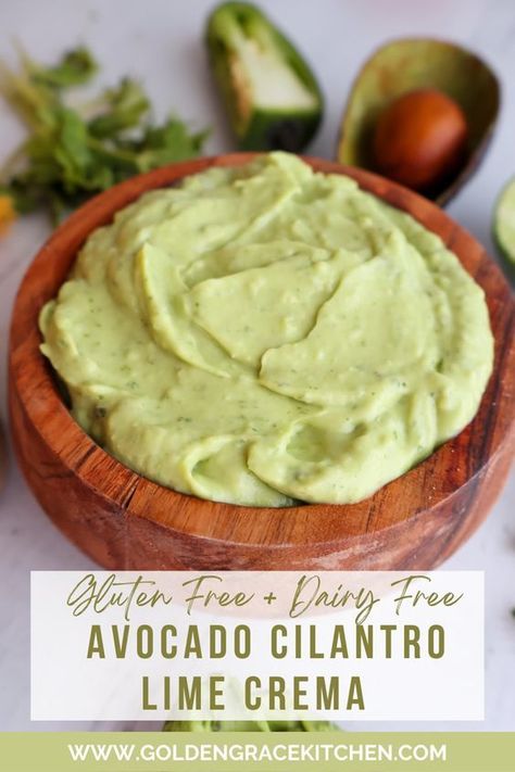 This dairy-free avocado cilantro lime crema is so creamy and packed with flavor you are going to fall in love! You can use this avocado cilantro lime crema as an aioli, a dip, a dressing, a sauce, the list is endless. This Avocado crema with lime pairs with my chicken burger and pico. Avocado Lime Crema, Shredded Chicken Salads, Cilantro Lime Crema, Avocado Lime Dressing, Lime Aioli, Avocado Dishes, Creamy Avocado Dressing, Lime Crema, Avocado Crema