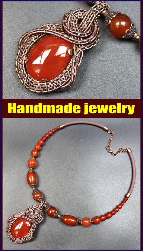 Handmade necklace made of natural carnelian. Natural carnelian beads and silicone tubes are strung on memory wire. All fittings are copper-colored.
Author's pendant made of natural carnelian stone and natural copper wire 65 x 40 mm. To copper does not darken over time pendant is fully covered with colorless varnish. DOES NOT REQUIRE MAINTENANCE. DO NOT SAND, DO NOT POLISH!!!
Necklace size: 47 cm.