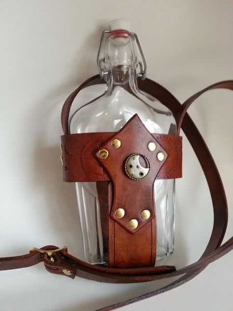 Steampunk Vintage Glass Flask and Leather Holder with Shoulder Strap.: Flask Holder, Steampunk Glasses, Steampunk Leather, Glass Flask, Steampunk Cosplay, Steampunk Accessories, Steampunk Costume, Steampunk Design, Potion Bottle