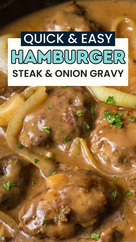 Hamburger steak with onion gravy is a delicious and simple dinner recipe that is quick enough for weekdays, smothered heaven. With a rich, savory blend of hamburger gravy and onion gravy, this recipe brings a heartwarming, comforting element to any family dinner. It's an easy meal to prepare, but with a flavor that will surely bring everyone around the table back for seconds! Hamburger Meat And Gravy Recipes, Recipe Hamburger Meat, Easy Quick Hamburger Meat Recipes, Hamburger Steak With White Gravy, Hamburger Steak And Gravy Crockpot, Hamburger Gravy Over Noodles, Hamburger Steaks With Onion Gravy Easy, Onion Gravy Recipe Simple, Smothered Hamburger Steak And Gravy