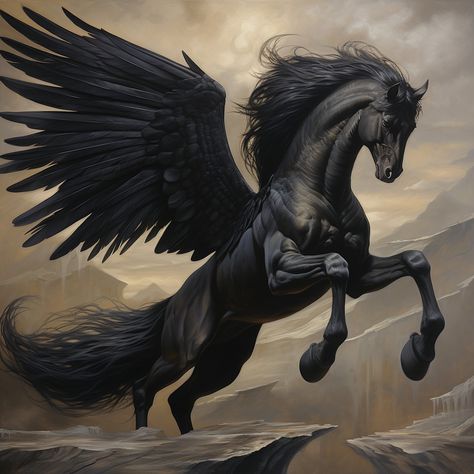 Flying Mount, Pegasus Statue, Small Horse Tattoo, Black Pegasus, Pegasus Art, Knight On Horse, Unicorn Artwork, Fire Horse, Magical Horses