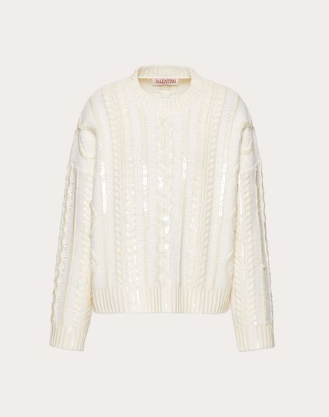 Valentino Shop, Barbie Sewing, Embroidered Wool, Wool Jumper, Knit Sweaters, Sequins Embroidery, Ivory Color, Jumpers For Women, Cardigans For Women