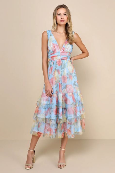 Blue Floral Tulle Dress - Tiered Ruffled Dress - Tulle Midi Dress - Lulus Graduation Guest Outfit, Floral Dress Wedding Guest, Floral Tulle Dress, Ruffled Midi Dress, Color Outfits, Tulle Midi Dress, Derby Dress, Birthday Fits, Lulus Dresses