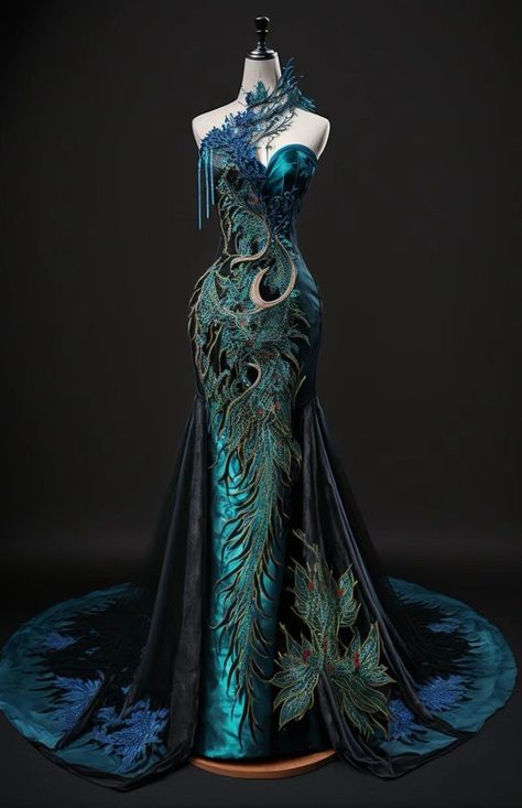 Peacock Dresses Formal, Peacock Dress Design, Dragon Inspired Outfits, Dragon Dress Fantasy Gowns, Peacock Outfit, Peacock Gown, Villain Dresses, Dragon Dress, Peacock Dress