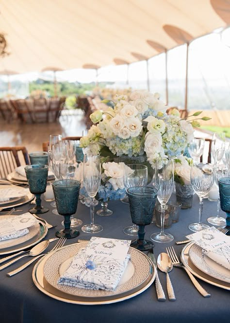 Classic Blue Wedding Table Decor, Blue Floral Table Setting, Blue Linen Tablecloth Wedding Reception, Blue Floral Linen Wedding, Blue Floral Wedding Table Cloth, Blue Table Settings, Nantucket Wedding, La Tavola Linen, Blue Themed Wedding