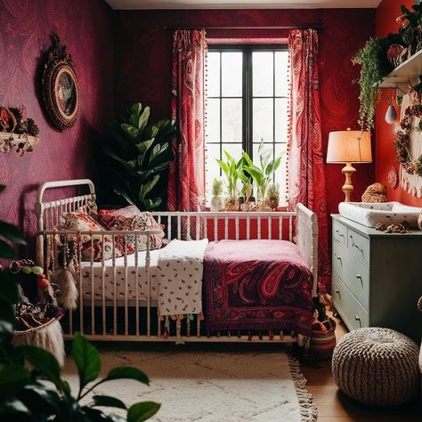 Boho nursery dreams 🌿🌸. Bold patterns, rich colors, and natural textures make this space feel both cozy and vibrant for fall. #nurserygoals #nurseryroomdecor #bohonursery #nurseryinteriors #nurserystyle Dark Red Library, Moody Kids Room, Burgundy Nursery, Moody Nursery, Red Library, Earthy Nursery, Library Nursery, Retro Nursery, Nursery Girl