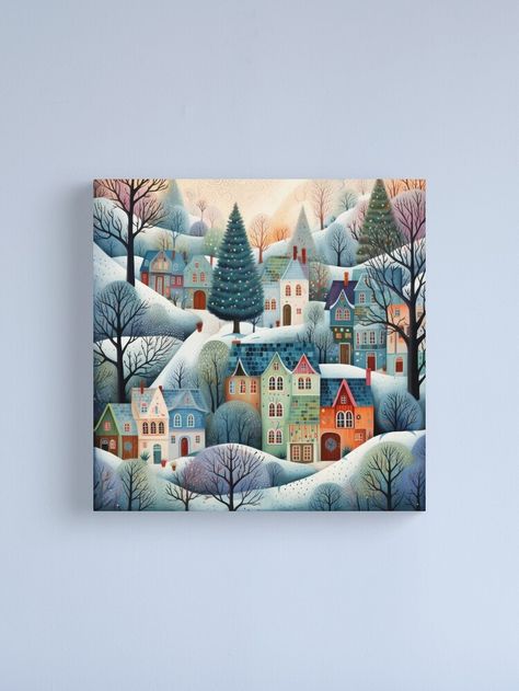 "Cozy Winter Christmas Village with Christmas Trees" Canvas Print for Sale by Gsallicat | Redbubble Christmas Village Painting, Cozy Village, Village Painting, Christmas Tree Canvas, Evergreen Trees, Whimsical Christmas, Winter Trees, Jena, Cozy Winter